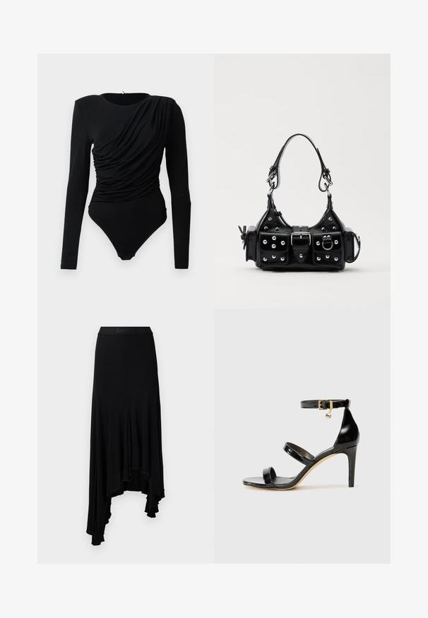 Zwarte lange mouwen bodysuit met asymmetrische geraffineerde drapering aan de voorkant en drukknoopsluiting bij het kruis.; Zwarte asymmetrische rok met een golvende onderrand, gemaakt van zachte, elastische stof, met een brede tailleband met verhoogde branding.; Zwarte gepatineerde leren sandaal met drie banden, enkelgesp en 10 cm hoge stiletto hak. Bevat gouden hardwaredetails en een logo charm.; Zwarte lederen handtas met een gebogen ontwerp, voorzien van zilveren studs, een gesp en twee zijvakken. Verstelbare schouderband voor verschillende draagmogelijkheden.
