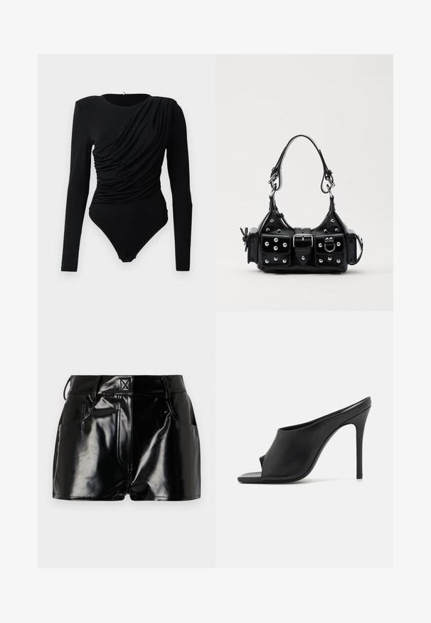 Svart långärmad body med asymmetrisk drapering och rynkor över framsidan samt tryckknappar vid grenen.; Svart, glänsande shorts i syntetmaterial. Har en åtsittande midja, bältesöggor och framfickor med framträdande sömnadsdetaljer.; GIABORGHINI KEIRA - Tåsandaler - black; Svart läderhandväska med en kurvad design, prydd med silverfärgade nitar, ett spänne och två sidofickor. Justerbar rem för olika bäralternativ.