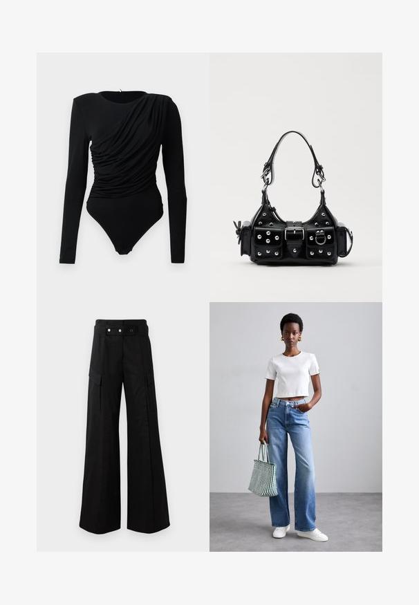 Body negru cu mânecă lungă, cu drapaj asimetric plisat pe partea din față și închidere cu doi butoni la crotch.; Pantaloni evazați negri cu talie înaltă, având buzunare laterale mari, două nasturi frontali și un detaliu cu buclă. Confectionați dintr-un material rezistent.; Tricou scurt cu dungi albe, blugi cu picioare largi de culoare albastră deschisă și adidași albi. Ținând o geantă de umăr cu dungi verzi și albe.; Geantă de piele neagră cu un design curbat, dotată cu studuri argintii, o cataramă și două buzunare laterale. Curea ajustabilă pentru opțiuni de transport.
