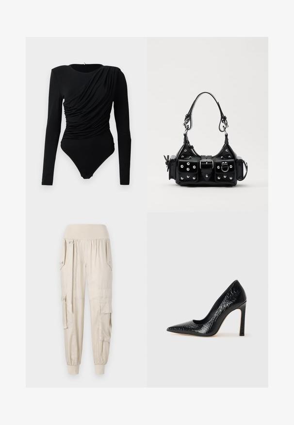 Musthave mustaga sleevesega mustaga bodi, millel on asümmeetrilised voldid ees ning snapsulged kubeme piirkonnas.; Beezid cargopüksid, millel on elastne vöökoht, kitsenevad sääred, küljetaskud ja nööbidetailid. Valmistatud kerge kangaga, millel on sile tekstuur.; Mustan teravaotsaga kõrge kontsaga king, millel on krokodillimustriga tekstuur, stiilne disain, kõrge stilettokonts ja sile must sisesisustus.; Must värvi nahast käekott, millel on kaarjas disain, hõbedased nupukesed, kinnitusahe ja kaks külgtaskut. Reguleeritav rihm erinevate kandmisvõimaluste jaoks.