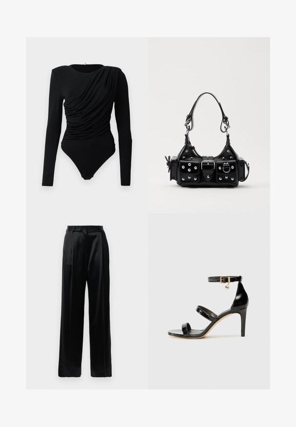 Juodas ilgos rankovės bodis su asimetriniu raukšlėjimu per priekį ir spaustukais kirkšnyje.; Juodos satino kelnės su aukštu liemeniu, tiesiais plačiais kojais, diržo kilpomis ir plokščiu uždarymu prieš baltą fono.; Juodas patentuotas odinis sandalai su trimis diržais, kulkšnies sagtimi ir 4 colių stiletto kulnu. Yra aukso detalės ir logotipo žavesys.; Juodas odinis rankinukas su kreiviu dizainu, su sidabro spalvos knopkėmis, užsegimu ir dviem šoninėmis kišenėmis. Reguliuojama dirželis nešimui.