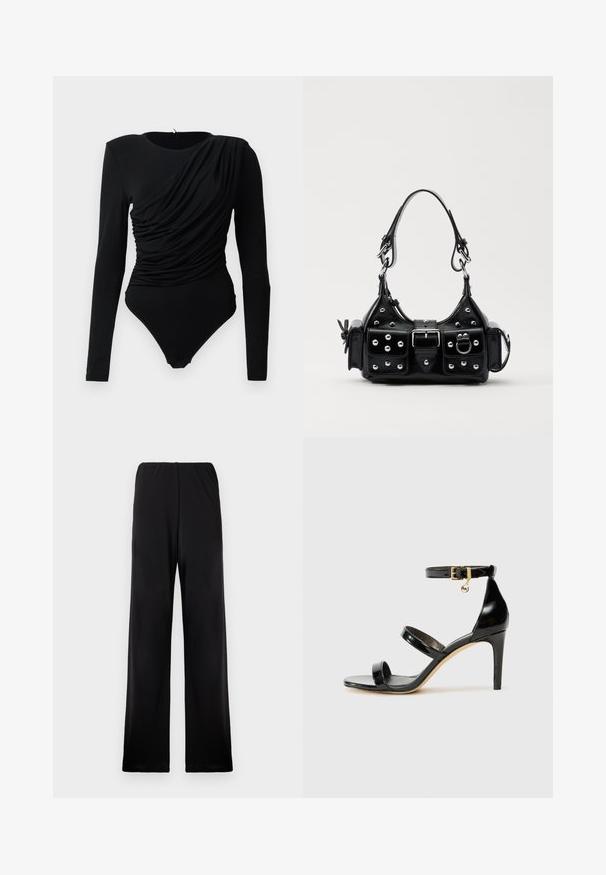 Schwarzer Langarm-Body mit asymmetrischer Raffung und Drapierung an der Vorderseite sowie Druckknöpfen im Schritt.; Schwarze weite Hose aus weichem Stoff mit einem elastischen Bund. Das Design hat eine glatte Textur ohne sichtbare Muster oder Akzente.; Schwarze Lackleder-Sandale mit drei Riemen, Knöchelriemen und 10 cm hohen Stiletto-Absatz. Verfügt über goldfarbene Hardware-Details und ein Logo-Charm.; Schwarze Lederhandtasche mit einem geschwungenen Design, verziert mit silbernen Nieten, einer Schnalle und zwei seitlichen Taschen. Verstellbarer Träger für verschiedene Tragemöglichkeiten.