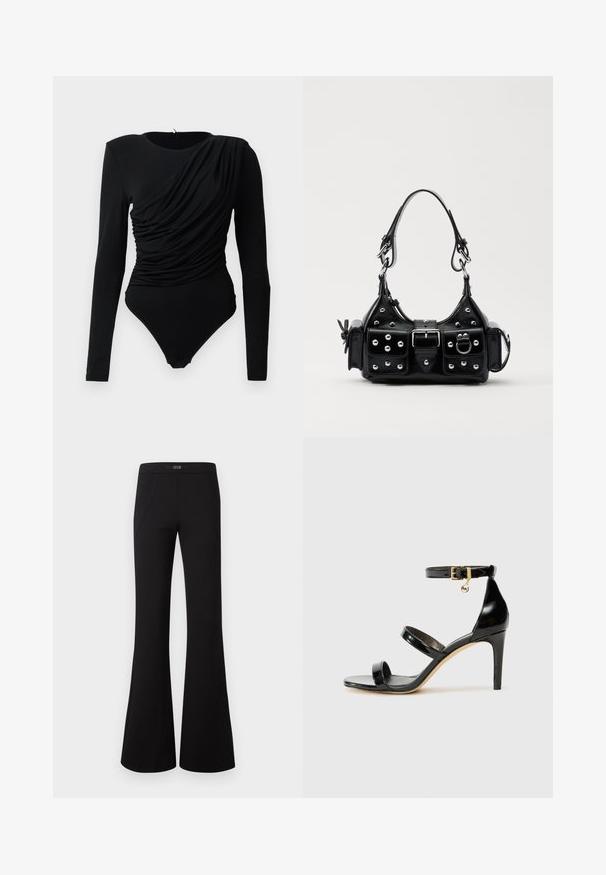 Svart långärmad body med asymmetrisk drapering och rynkor över framsidan samt tryckknappar vid grenen.; Svart utsvängda byxor i mjuk duk, med hög midja och två framfickor samt subtila sidosesömmer för extra detaljer.; Svart lackskinnsandaler med tre remmar, ankelspänne och 10 cm stilettklack. Har detaljer i guldmetall och logokaraktär.; Svart läderhandväska med en kurvad design, prydd med silverfärgade nitar, ett spänne och två sidofickor. Justerbar rem för olika bäralternativ.