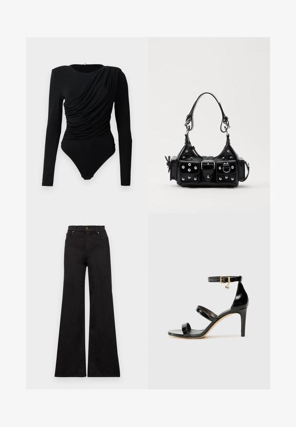 Čierny body s dlhým rukávom a asymetrickým skladaním cez prednú časť, so zapínaním na cvoky v rozkroku.; Čierne rozšírené džínsy z denimu s vysokým pásom, s prednými vreckami a kovovými úpravami na gombíku a nitkách.; Čierne lakované sandále s tromi pásikmi, spona na členku a 10 cm ihlovým podpätkom. Obsahujú zlaté detaily s hardwarem a logo prívesok.; Čierna kožená kabelka s zakriveným dizajnom, doplnená striebornými cvočkami, prackou a dvoma bočnými vreckami. Nastaviteľný popruh poskytuje rôzne možnosti nosenia.