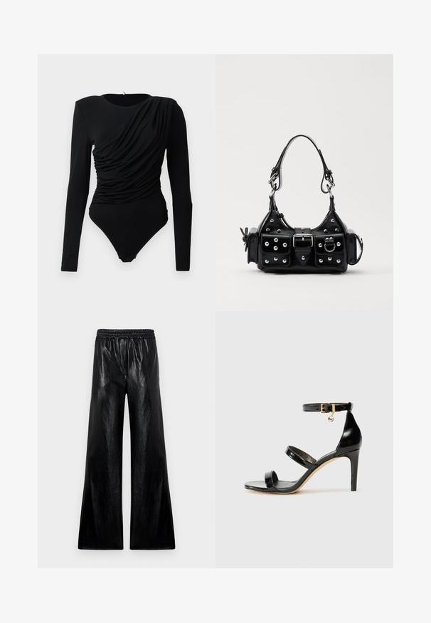 Črn bodi z dolgimi rokavi z asymetričnim nabranim draperijem spredaj in s pokrovčki za zapenjanje med nogami.; Široke hlače iz sijočega črnega materiala z elastičnim pasom. Tkanina ima gladko teksturo in rahel sijaj.; Črne lakirane sandale s tremi trakovi, zaponko okoli gležnja in 10-centimetrsko stiletto peto. Imajo detajle iz zlatega kovanja in logotipni čar.; Črna usnjena torbica s ukrivljenim dizajnom, ki vsebuje srebrne žebljičke, zaponko in dve stranski žepki. Nastavljiv trak za različne možnosti nošenja.