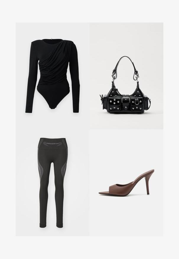 Zwarte lange mouwen bodysuit met asymmetrische geraffineerde drapering aan de voorkant en drukknoopsluiting bij het kruis.; Zwarte leggings met een hoge tailleband, voorzien van grijze accentontwerpen en gestructureerde panelen aan de zijkanten. Gemaakt van rekbaar materiaal.; Bruine leren open-teen hoge hak muiltjes met een slank ontwerp, voorzien van een brede voorkruistrap en een slanke stiletto hiel.; Zwarte lederen handtas met een gebogen ontwerp, voorzien van zilveren studs, een gesp en twee zijvakken. Verstelbare schouderband voor verschillende draagmogelijkheden.