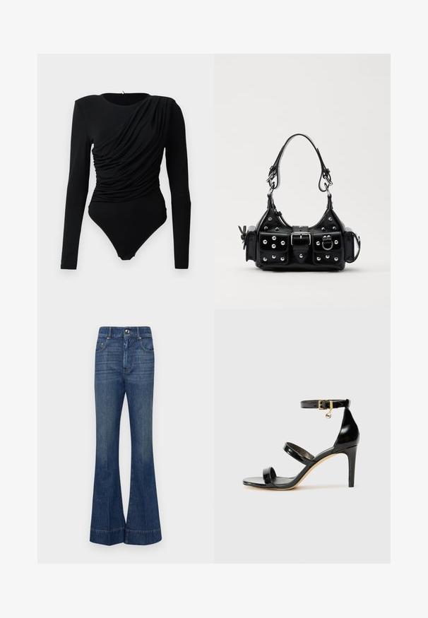 Body nero a maniche lunghe con drappeggio arricciato asimmetrico sulla parte anteriore e chiusure a pressione all'inguine.; Sportmax ROBINIA - Jeans a zampa - blu notte; Sandalo in pelle verniciata nera con tre cinturini, fibbia alla caviglia e tacco a stiletto di 10 cm. Presenta dettagli in hardware dorato e un charm con logo.; Borsa a mano in pelle nera con design curvo, caratterizzata da borchie argentate, una fibbia e due tasche laterali. Tracolla regolabile per diverse opzioni di trasporto.
