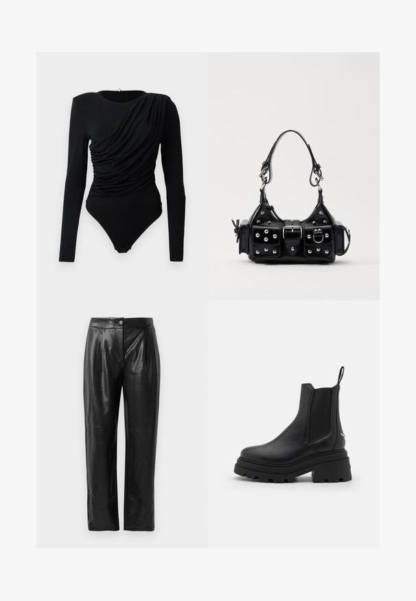 Melna garuma piedurkņu bodijmaika ar asimetrisku drapējumu priekšpusē un snap aizdari kakla zonā.; Melnas mākslīgās ādas bikses ar tekstūru, plaša piegriezuma kājas, priekšējiem krokām un vienu pogu jostasvietā.; Melnas Chelsea zābaki, kas izgatavoti no gludas ādas, ar elastīgām sānu daļām, biezu, rievotu gumijas zoli un vilkšanas cilpu aizmugurē.; Melnas ādas rokturmais ar izliekumu, ar sudraba iedurtiem, sprādzi un divām sānu kabatām. Regulējams siksniņas garums dažādām nēsāšanas iespējām.