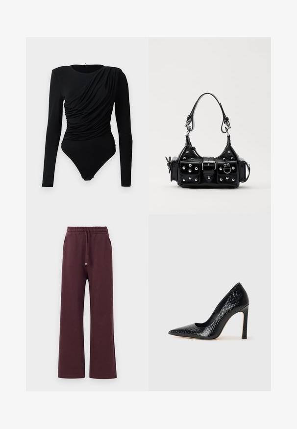 Melna garuma piedurkņu bodijmaika ar asimetrisku drapējumu priekšpusē un snap aizdari kakla zonā.; Burgundijas krāsas platās bikses ar elastīgu jostu, savelkamu auklu un sānu kabatām. Izgatavotas no mīksta, gluda auduma ar brīvu piegriezumu.; Melni augstpapēžu apavi ar norādītu purngalu, ar krokodila ādas tekstūru, izceļoties ar elegantu dizainu, augstu stiletto papēdi un gludu melnu interjeru.; Melnas ādas rokturmais ar izliekumu, ar sudraba iedurtiem, sprādzi un divām sānu kabatām. Regulējams siksniņas garums dažādām nēsāšanas iespējām.