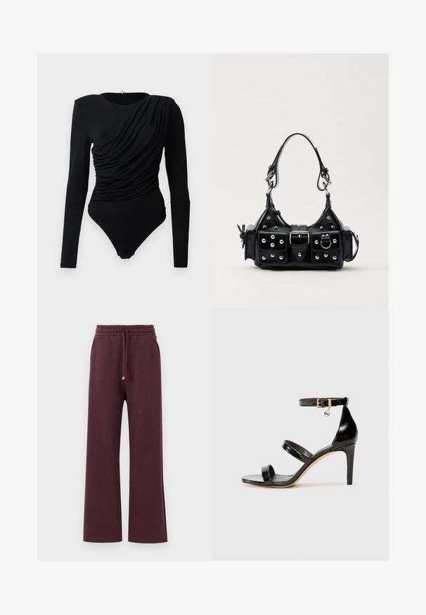 Black long-sleeve bodysuit with asymmetrical ruched draping across the front and snap fasteners at the crotch.; Burgundy wide-leg pants with an elastic waistband, drawstring, and side pockets. Made from soft, smooth fabric with a relaxed fit.; Black patent leather sandal with three straps, ankle buckle, and 4-inch stiletto heel. Features gold hardware detail and logo charm.; Black leather handbag with a curved design, featuring silver studs, a buckle, and two side pockets. Adjustable strap for carrying options.