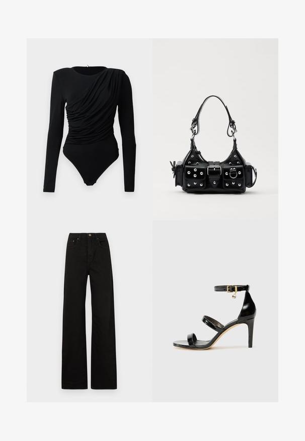 Fekete, hosszú ujjú body, aszimmetrikus ráncolással az elején és patentos záródással az ágyéknál.; Fekete, bő szárú farmernadrág, tartós anyagból készült. Elülső gombos záródással, övhurkokkal és két elülső zsebbe rendelkezik. Simább, egységes textúrájú.; Fekete lakk bőr szandál három pánttal, bokapánttal és 10 cm magasságú tűsarokkal. Arany színű részletekkel és logó charm-mal rendelkezik.; Fekete bőr kézitáska ívelt designnal, ezüst szegecsekkel, csattal és két oldalsó zsebbel. Állítható vállpánt a hordozási lehetőségekhez.