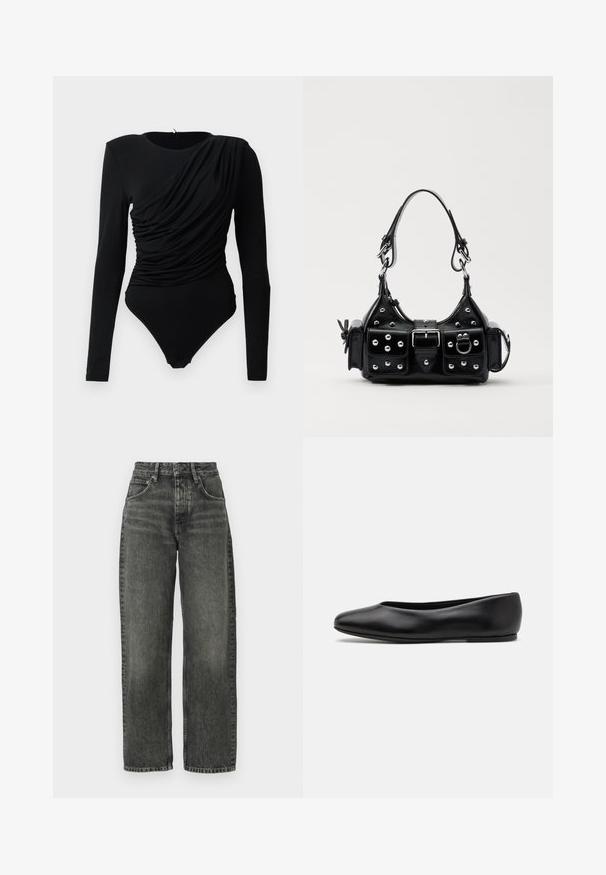 Černý body s dlouhým rukávem a asymetrickým řasením přes přední část, s patentkami v oblasti rozkroku.; Won Hundred ALEXANDRA - Džíny Relaxed Fit - tinted black; Paul Smith TOPANGA - Klasické baleríny  - black; Černá kožená kabelka s křivkovým designem, zdobená stříbrnými hřebíky, s přezkou a dvěma bočními kapsami. Nastavitelný popruh pro různé možnosti nošení.