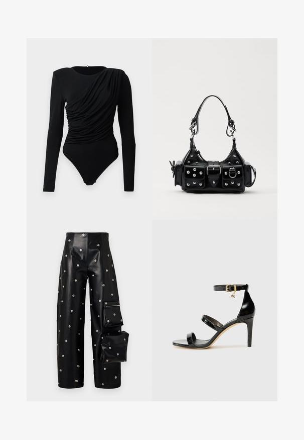 Body nero a maniche lunghe con drappeggio arricciato asimmetrico sulla parte anteriore e chiusure a pressione all'inguine.; A.W.A.K.E. MODE COVERED TROUSER WITH SNAP ON POCKETS - Pantaloni - black; Sandalo in pelle verniciata nera con tre cinturini, fibbia alla caviglia e tacco a stiletto di 10 cm. Presenta dettagli in hardware dorato e un charm con logo.; Borsa a mano in pelle nera con design curvo, caratterizzata da borchie argentate, una fibbia e due tasche laterali. Tracolla regolabile per diverse opzioni di trasporto.