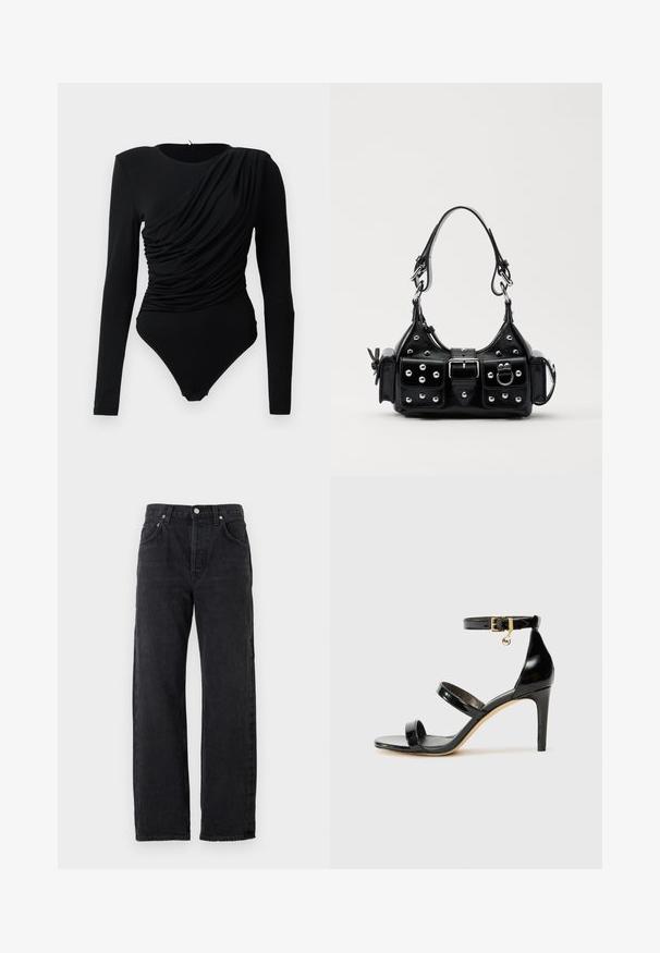 Schwarzer Langarm-Body mit asymmetrischer Raffung und Drapierung an der Vorderseite sowie Druckknöpfen im Schritt.; Schwarze Denim-Jeans mit geradem Schnitt, hoher Taille, fünf Taschen und metallischen Knöpfen. Glattes, leicht strukturiertes Material.; Schwarze Lackleder-Sandale mit drei Riemen, Knöchelriemen und 10 cm hohen Stiletto-Absatz. Verfügt über goldfarbene Hardware-Details und ein Logo-Charm.; Schwarze Lederhandtasche mit einem geschwungenen Design, verziert mit silbernen Nieten, einer Schnalle und zwei seitlichen Taschen. Verstellbarer Träger für verschiedene Tragemöglichkeiten.