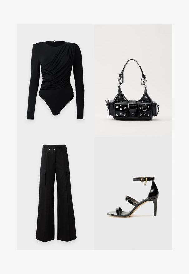 Bodysuit preto de mangas longas com drapeado assimétrico pregueado na parte da frente e fechos de pressão na zona da virilha.; Calças largas pretas com uma cintura alta, apresentando grandes bolsos laterais, dois botões frontais e um detalhe em laço. Feitas de um tecido robusto.; Sandal de couro envernizado preto com três tiras, fivela no tornozelo e salto agulha de 10 cm. Apresenta detalhes em hardware dourado e um charme com logotipo.; Bolsa de couro preta com um design curvado, apresentando tachas prateadas, uma fivela e dois bolsos laterais. Alça ajustável para opções de transporte.