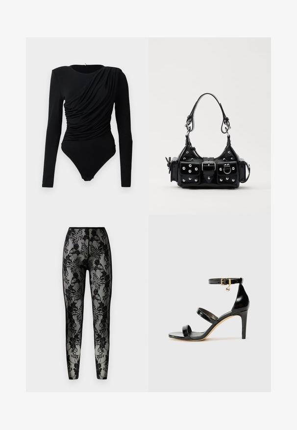 Zwarte lange mouwen bodysuit met asymmetrische geraffineerde drapering aan de voorkant en drukknoopsluiting bij het kruis.; Zwarte kant leggings met een bloemenpatroon, doorschijnende stof en een strakke pasvorm, voorzien van een soepele tailleband en gesloten zomen.; Zwarte gepatineerde leren sandaal met drie banden, enkelgesp en 10 cm hoge stiletto hak. Bevat gouden hardwaredetails en een logo charm.; Zwarte lederen handtas met een gebogen ontwerp, voorzien van zilveren studs, een gesp en twee zijvakken. Verstelbare schouderband voor verschillende draagmogelijkheden.