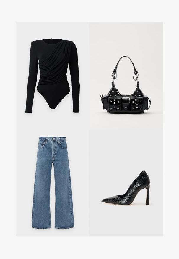 Black long-sleeve bodysuit with asymmetrical ruched draping across the front and snap fasteners at the crotch.; Wide-leg, blue denim jeans with a classic five-pocket design, button closure, and faded texture, featuring raw edge hems.; Black pointed-toe high heel shoe with a crocodile-skin texture, featuring a sleek design, high stiletto heel, and smooth black interior.; Black leather handbag with a curved design, featuring silver studs, a buckle, and two side pockets. Adjustable strap for carrying options.