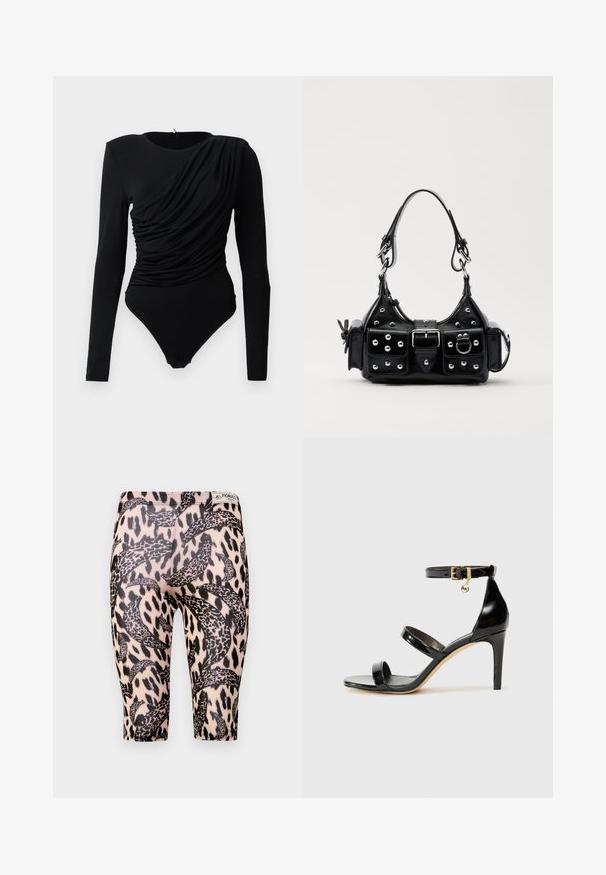 Černý body s dlouhým rukávem a asymetrickým řasením přes přední část, s patentkami v oblasti rozkroku.; Černé a béžové legíny s potiskem leopardího vzoru a zakřivenými vzory. Vyrobené z elastického materiálu, navržené pro pohodlí a přiléhavost.; Černé lakované kožené sandály se třemi pásky, sponou na kotníku a 10 cm jehlovým podpatkem. Obsahují zlaté kovové detaily a logo přívěsek.; Černá kožená kabelka s křivkovým designem, zdobená stříbrnými hřebíky, s přezkou a dvěma bočními kapsami. Nastavitelný popruh pro různé možnosti nošení.