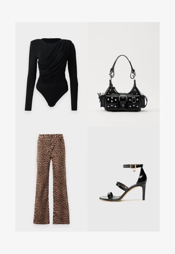 Čierny body s dlhým rukávom a asymetrickým skladaním cez prednú časť, so zapínaním na cvoky v rozkroku.; Nohavice s leopardím vzorom vo farbe béžovej a čiernej, s hladkou textúrou a zúženým lemom. Dizajn so štandardným pásom a vreckami.; Čierne lakované sandále s tromi pásikmi, spona na členku a 10 cm ihlovým podpätkom. Obsahujú zlaté detaily s hardwarem a logo prívesok.; Čierna kožená kabelka s zakriveným dizajnom, doplnená striebornými cvočkami, prackou a dvoma bočnými vreckami. Nastaviteľný popruh poskytuje rôzne možnosti nosenia.