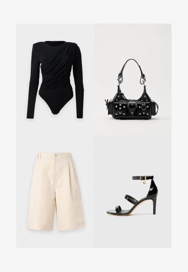 Musta pitkähiha bodysuit, jossa on epäsymmetrinen rypytetty drapeeraus edessä ja napitavaa kiinnitystä haarassa.; Beige lakanashortsit rentossa istuvuudessa, joissa on nappikiinnitys, laskostettu muotoilu ja polvipituus. Suora tekstuuri ja yksinkertainen tyyli.; Musta patentoitu nahkasandaali, jossa on kolme hihnaa, nilkkasolki ja 4 tuuman stiletto-korko. Varustettu kultaisilla yksityiskohdilla ja logokoristeella.; Musta nahkainen käsilaukku, jossa on kaareva muotoilu, hopeiset niitit, solki ja kaksi sivutaskua. Säädettävä olkahihna erilaisiin kantovaihtoehtoihin.
