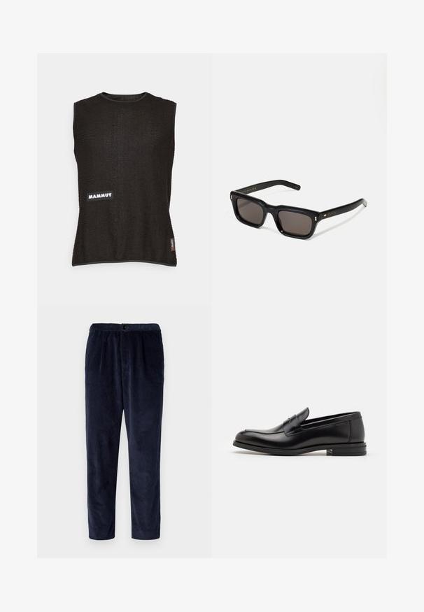 Top senza maniche di colore nero realizzato in materiale texturizzato, con un logo "Mammut" bianco e una piccola etichetta rossa sul lato, scollatura rotonda.; Pantaloni in corduroy blu navy con vestibilità rilassata, caratterizzati da una texture morbida, una vita elastica e tasche standard. Design semplice e funzionale.; Mocassini neri in pelle con una texture liscia, punta arrotondata e una striscia decorativa sulla tomaia. Tacco basso impilato, design minimalista.; Occhiali da sole neri rettangolari con lenti scure, montatura spessa in plastica, dettagli dorati sulle tempie e logo del marchio inciso sull'asta.