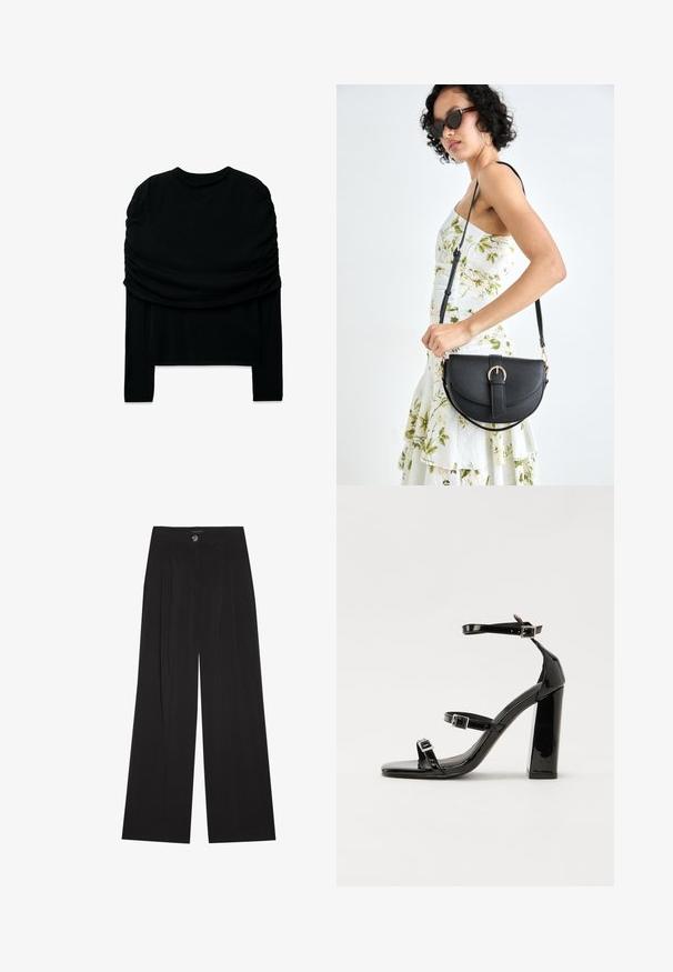 Schwarzes Langarmoberteil mit drapierter Optik und gerafftem Textur an den Schultern sowie geradem Saum. Weicher, dehnbarer Stoff.; Schwarze weit geschnittene Hose mit Falten, mit einem Knopfverschluss und zwei seitlichen Taschen; glatte Textur mit tailliertem Design.; Schwarze Lackleder-Sandalen mit hohen Absätzen, zwei Riemen mit Schnallen, quadratischer Zehenpartie und klobigem Blockabsatz, mit einer glatten, glänzenden Textur.; Schwarze Lederhandtasche mit geschwungener Form, abnehmbarem Tragegurt und goldenen Beschlägen. Die Tasche verfügt über einen Deckel mit einer Schnallen-Details.
