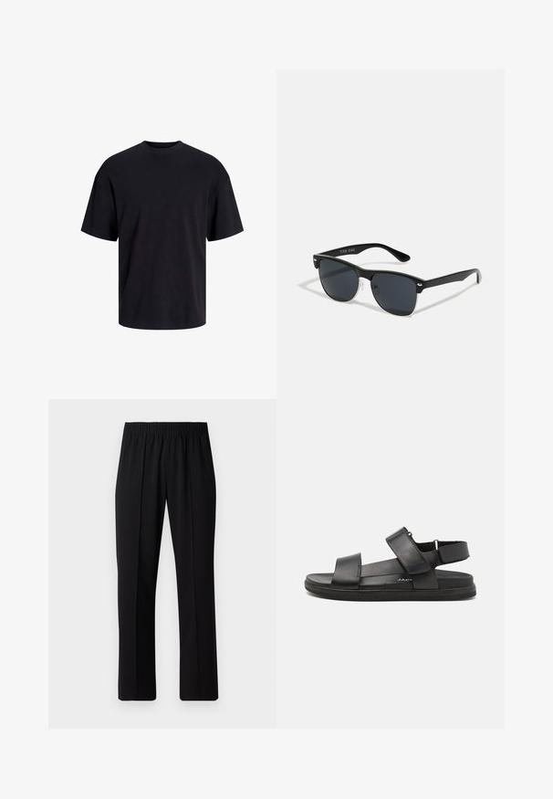 T-shirt en coton noir avec un col ras du cou, des manches courtes et une coupe décontractée. Texture lisse sans motifs ni accents visibles.; Pantalons noirs à taille élastique avec une coupe droite, présentant une texture lisse et sans motifs ni éléments visibles.; Des sandales en cuir noir présentent deux larges bretelles sur le pied, une bride arrière ajustable et une semelle en caoutchouc texturé pour une meilleure adhérence.; Lunettes de soleil noires de forme rectangulaire, verres foncés, accents argentés aux tempes et finition mate sur la monture.