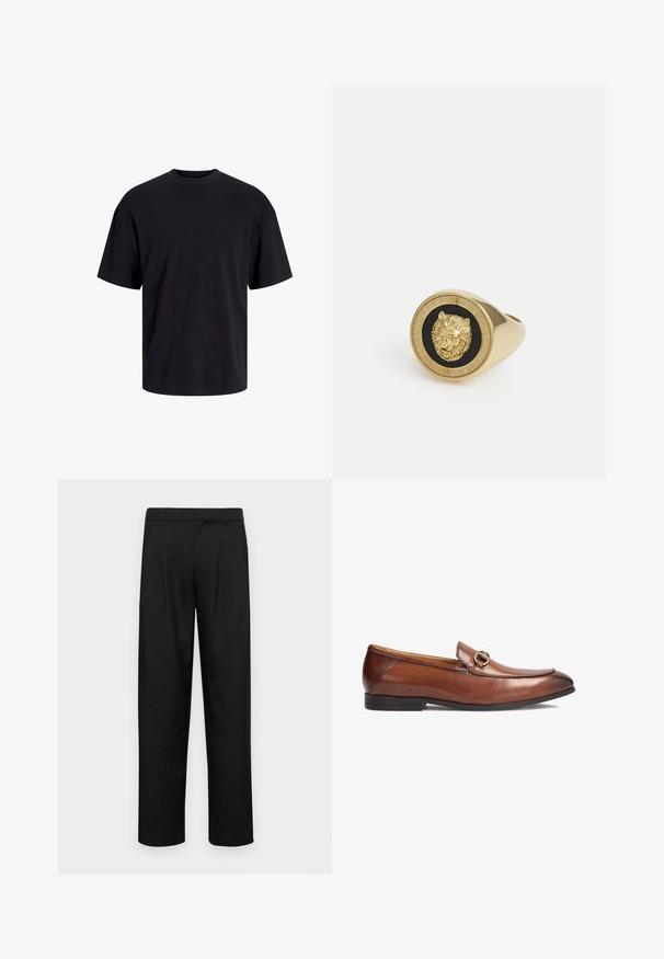 Must must on mustre, lühikeste varrukatega ja vabalt langev. Sile tekstuur ja ilma nähtavate mustrite või aktsentideta.; Mustad mustadest riietest, millel on sirge jalgade disain, kaks eesmist voltimist ja tavaline vöökoht, millel on vöökohad.; Pruunist nahast loafers, millel on ümar nina, õmmeldud detailid ja dekoratiivne metallist nööp esiosas. Kummi tallaga.; Kuldtoonist sõrmus, millel on mustal taustal kõrgendatud lõvimotiiv, raamistatud ringikujulise bändiga, millel on graveeritud brändinimi.