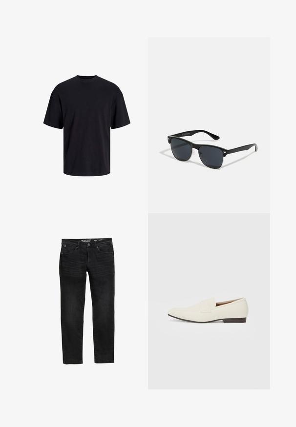 Camiseta de algodón negra con cuello redondo, mangas cortas y un ajuste relajado. Textura suave y sin patrones ni acentos visibles.; Jeans de denim negro con corte recto, que cuentan con un cierre de botón y cremallera, cinco bolsillos y un sutil detalle de lavado.; Mocasines beige claro con puntera puntiaguda, material suave, una correa a través del empeine y una suela baja marrón. Diseño simple con acentos mínimos.; Gafas de sol negras con forma rectangular, lentes oscuros, detalles plateados en las patillas y un acabado mate en la montura.