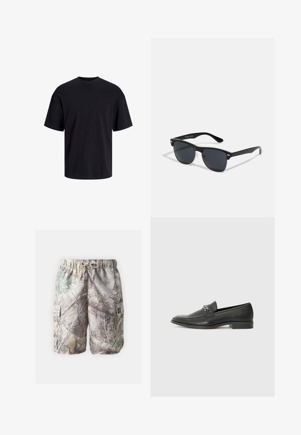 Černé bavlněné tričko s kulatým výstřihem, krátkými rukávy a volným střihem. Hladká textura a žádné viditelné vzory ani akcenty.; Maskovací cargo šortky z lehkého materiálu, se stahovací šňůrkou v pase, bočními kapsami a kombinací přírodních odstínů a vzorů.; Černé kožené mokasíny s hladkým povrchem, s prošívaným designem a dekoračním kovovým řetízkem přes nárt. Plochý podpatek.; Černé sluneční brýle s obdélníkovým tvarem, tmavými skly, stříbrnými akcenty na spáncích a matným povrchem rámu.