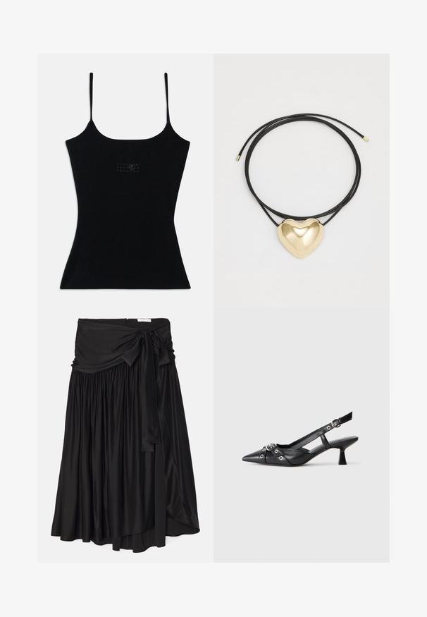 Čierny priliehavý tielko s tenkými ramienkami, vyrobené z rebrovaného materiálu. Obsahuje jemný dizajn loga na prednej strane. Hladká textúra a elegantný strih.; Čierna sukňa vyrobená z hladkej, splývavej látky; obsahuje široký, drapovaný pás s viazaním a plisované detaily pre vzdušný tvar.; Čierne kožené slingback topánky s špicatou špičkou, ozdobnými popruhmi s kovovými očkami a nízkym blokovým podpätkom. Textúrovaný povrch.; Čierny opletený náhrdelník s lešteným zlatým pendantom v tvare srdca s hladkými krivkami a lesklým povrchom.