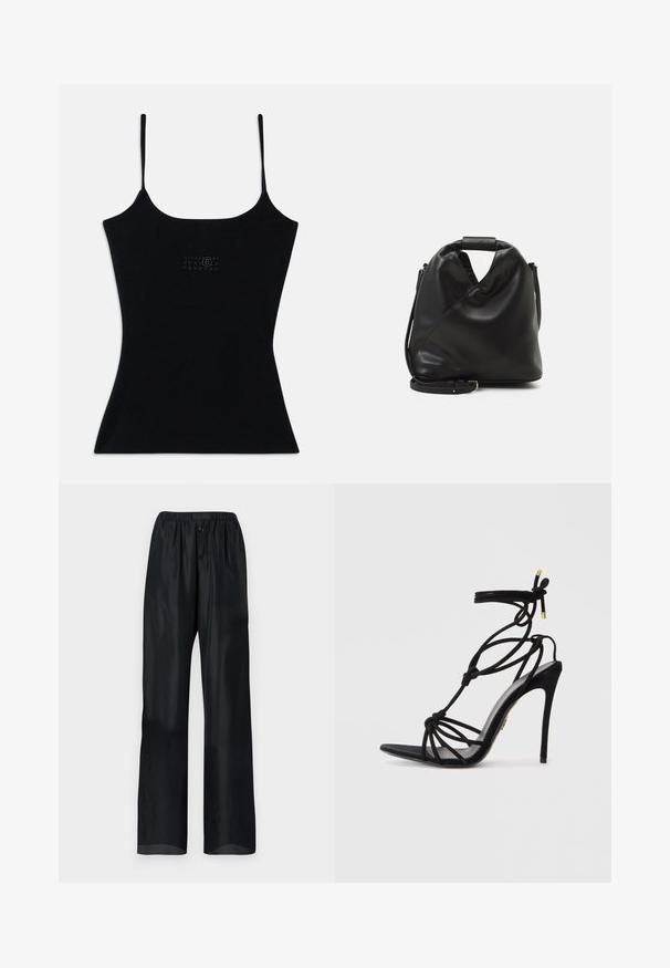 Débardeur noir ajusté avec des bretelles fines, fabriqué en tissu côtelé. Présente un design de logo discret à l'avant. Texture lisse et silhouette élégante.; Pantalons noirs légers avec une coupe décontractée, dotés d'une taille élastique et de deux boutons sur le devant. Texture lisse avec un design à jambes droites.; Sandale noire à talons aiguilles avec un design de sangle nouée, orteils ouverts et un talon mince. Texture lisse avec des accents dorés sur les sangles.; Sac en cuir noir et doux avec un design torsadé unique. Doté d'une courte poignée et d'une bandoulière amovible. Style minimaliste.
