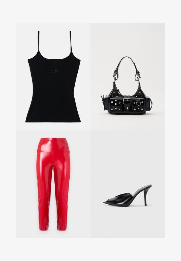 Fekete, testhez simuló, vékony pántos topp, bordás anyagból. Diszkrét logótervezés található az elején. Simább textúra és karcsú sziluett.; Fényes, rugalmas anyagból készült, piros, magas derekú nadrág. Karcsúsított lábakkal és sima, fényes felülettel rendelkezik, látható varratok vagy díszítések nélkül.; Fekete bőr, nyitott orrú, hegyes kialakítású, sima textúrájú, és karcsú tűsarokkal rendelkező magassarkú mules.; Fekete bőr kézitáska ívelt designnal, ezüst szegecsekkel, csattal és két oldalsó zsebbel. Állítható vállpánt a hordozási lehetőségekhez.