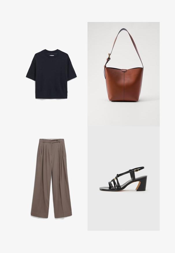 Dunkelblaues, gerippte kurzärmliges Oberteil mit Rundhalsausschnitt und lockerer Passform. Mit einem kleinen Markenetikett an der unteren Seite.; Weite Stoffhosen in einem sanften Braunton, ausgestattet mit vorderen Falten, einem Knopfverschluss und seitlichen Taschen aus einem glatten Stoff.; Paul Smith AMIRA - Pumps - black; Braune Leder-Schultertasche mit geschwungener Form, glatter Textur und einem einzelnen dünnen Trageriemen. Verfügt über eine dezente Naht und ein kleines Logodetail.