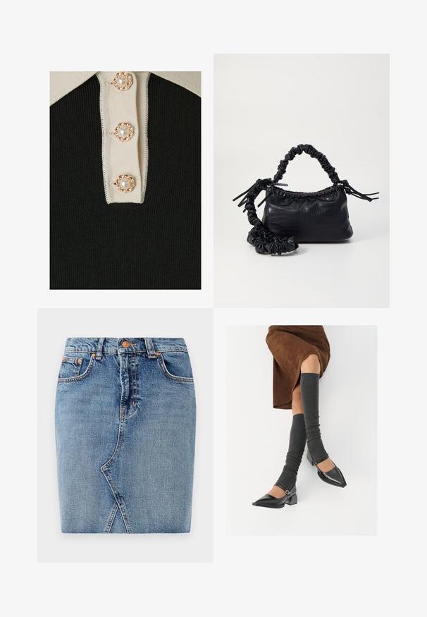 YAS YASMILLE - Polo - black/star white; Gonna in denim blu medio, con un design aderente, tasche frontali e un dettaglio di cucitura diagonale. Vita standard con chiusura a bottone metallico.; Scarpe nere in pelle verniciata con punta affilata, tacco a blocco e cinturino alla caviglia, abbinate a scaldamuscoli grigi a coste e una gonna in suede marrone.; Borsa a tracolla in ecopelle nera con texture a coccodrillo, apertura cinchata e tracolla arricciata. Si presenta con un design morbido e compatto.