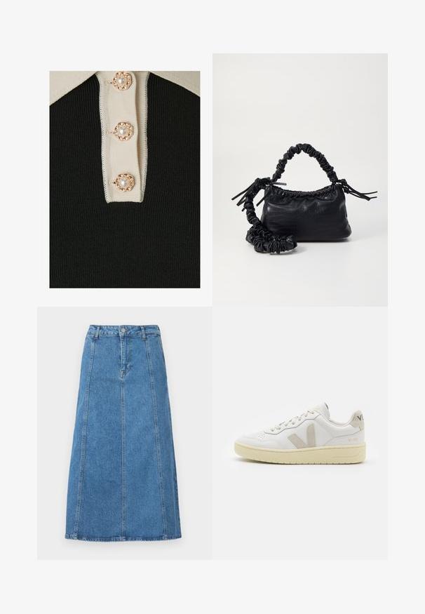 YAS YASMILLE - Polo majica - black/star white; Denim midi krilo v svetlo modri barvi z neposrednim krojem, sprednjim zapiranjem na gumbe, petimi zankami za pas in dvema stranskima žepoma.; Bela usnjena tenisača z bež semiš poudarki, perforiranim prednjim delom, ravnimi vezalkami in strukturiranim kremnim podplatom. Ima diskretno blagovno znamko na peti.; Črna torbica iz umetnega usnja s krokodilovo teksturo, z zvitim vrhom in zmečkano naramico. Zdi se mehka in kompaktna v oblikovanju.