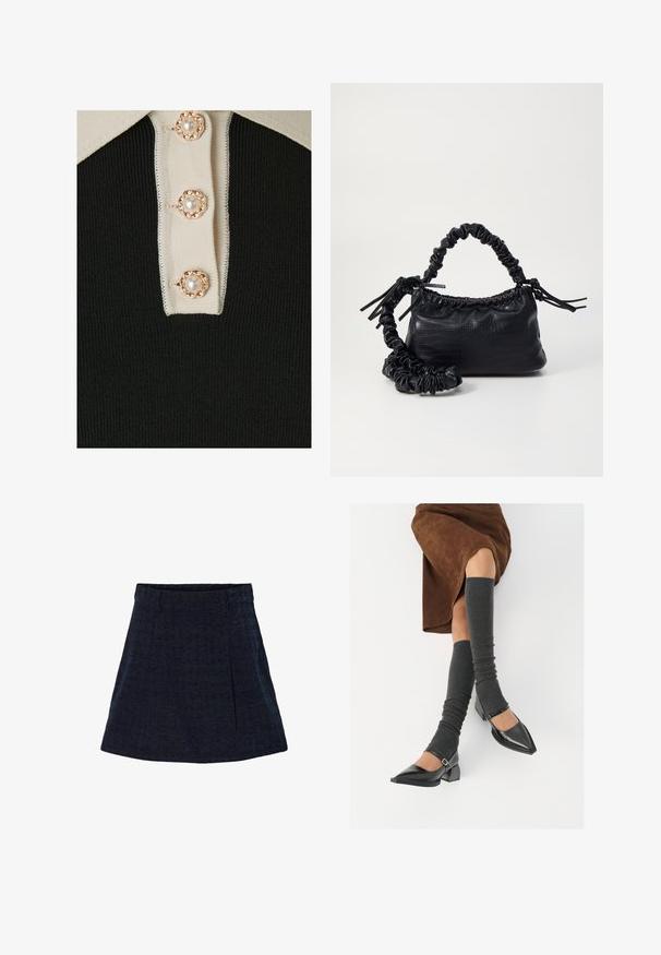 YAS YASMILLE - Polotričko - black/star white; Tmavě námořnická mini sukně s texturovaným materiálem, s přiléhavým pasem, předními záhyby a rovně střiženým siluetou. Žádné viditelné kování ani vzory.; Černé lakované boty s špičatou špičkou, blokovým podpatkem a kotníkovým páskem, spárované s šedými žebrovanými návleky na nohy a hnědskou sukní z semiše.; Černá kabelka z umělé kůže s krokodýlím vzorem, staženým vrškem a zmačkaným popruhem. Zdá se, že má měkký a kompaktní design.