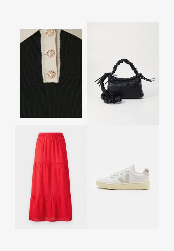 YAS YASMILLE - Polo marškinėliai - black/star white; Raudona medvilninė maksi sijonas su elastinga juosta, turintis tris lygius volanų ir lygų paviršių. Paprastas dizainas be matomų raštų.; Balti odiniai sportbačiai su kreminiais zomšos akcentais, perforuota pirštų dalimi, plokščiomis raišteliais ir struktūruota kreminėmis padomis. Ant kulno yra subtilus ženklinimas.; Juodas dirbtinės odos rankinė su krokodilo tekstūra, sušnibždinta viršuje ir susikraipytu dirželiu. Atrodo minkšta ir kompaktiška.