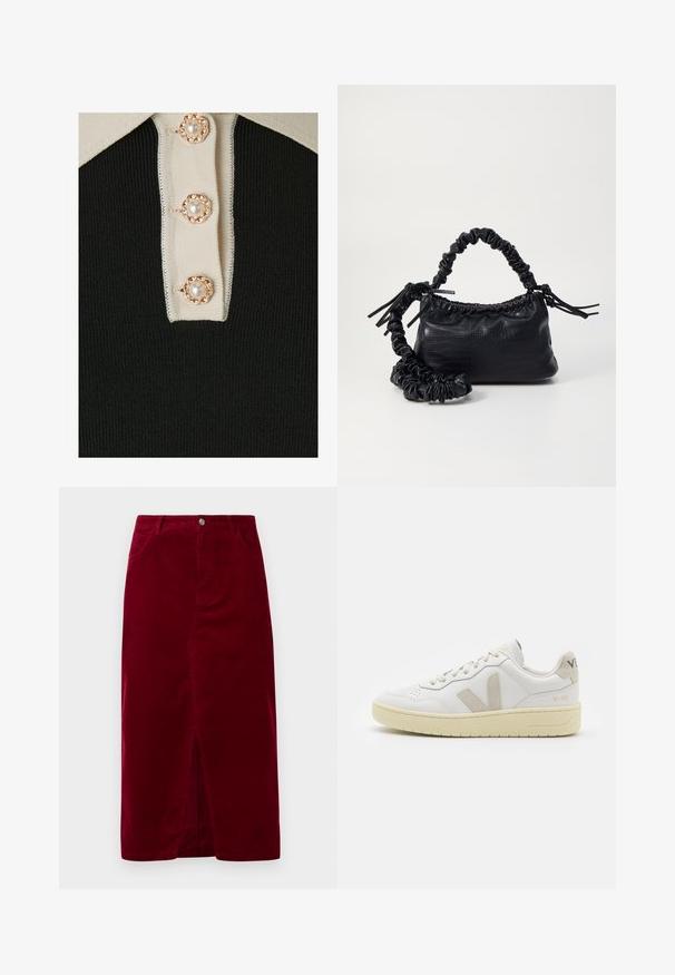 YAS YASMILLE - Polo marškinėliai - black/star white; Bordo aksominio sijonas su tiesiu siluetu, priekinėmis skeltomis, kilpelėmis diržui ir dviem kišenėmis, su priekiniais sagų užsegimais.; Balti odiniai sportbačiai su kreminiais zomšos akcentais, perforuota pirštų dalimi, plokščiomis raišteliais ir struktūruota kreminėmis padomis. Ant kulno yra subtilus ženklinimas.; Juodas dirbtinės odos rankinė su krokodilo tekstūra, sušnibždinta viršuje ir susikraipytu dirželiu. Atrodo minkšta ir kompaktiška.