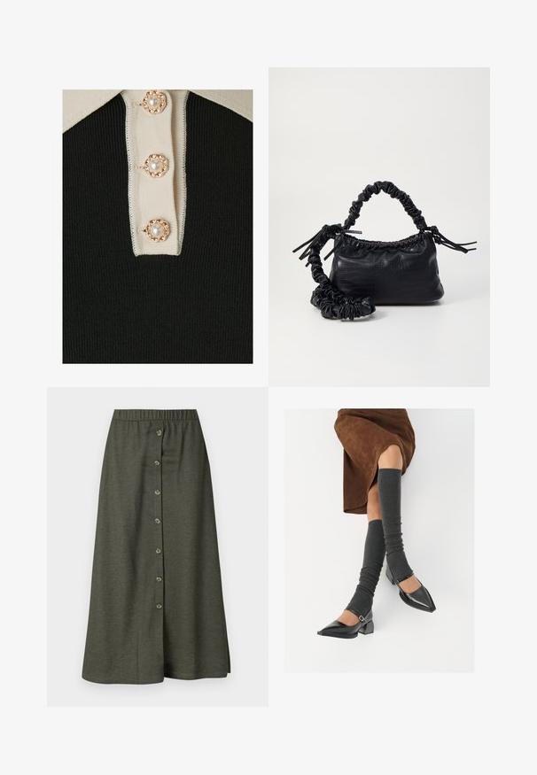 YAS YASMILLE - Polo - black/star white; Jupe midi kaki avec une fermeture à boutons à l'avant comportant huit boutons, taille élastique et tissu lisse et léger.; Chaussures à bout pointu en cuir verni noir avec un talon bloc et une bride à la cheville, accompagnées de jambières en maille grise et d'une jupe en daim marron.; Sac à main en simili cuir noir avec une texture crocodile, un dessus resserré et une sangle froncée. A l'apparence douce et compacte.