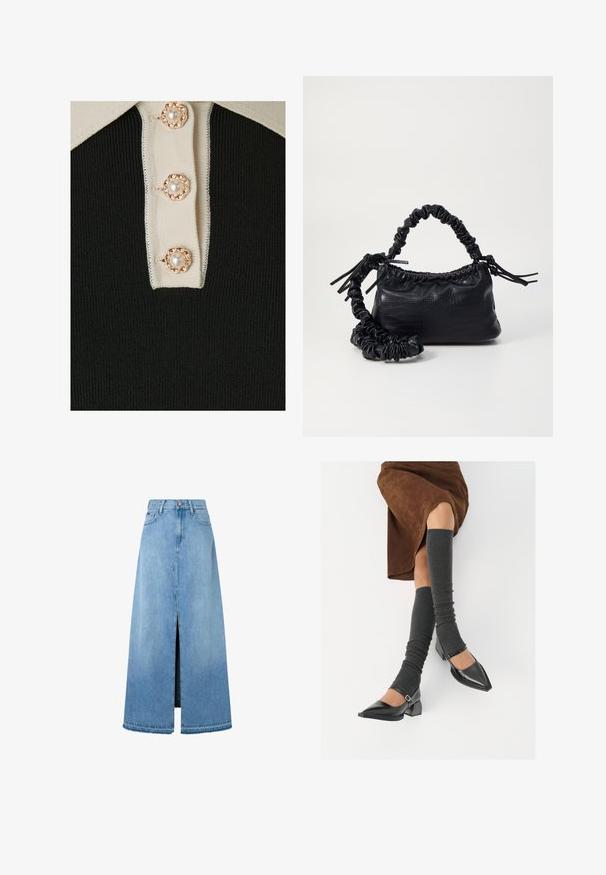 YAS YASMILLE - Poloshirt - black/star white; Lichtblauwe denim maxi rok met een voorin gespleten stijl, typische A-lijn vorm, afgewerkt zoom en klassiek vijfzakken ontwerp. Knoopsluiting bij de taille.; Zwarte gepatineerde leren pumps met een puntige neus, een blokhak en een enkelbandje, gecombineerd met grijze geribde beenwarmers en een bruine suède rok.; Zwarte nepleer handtas met een krokodillenstructuur, opgedroogde bovenkant en een gekreukte hengsel. Het lijkt zacht en compact van ontwerp.