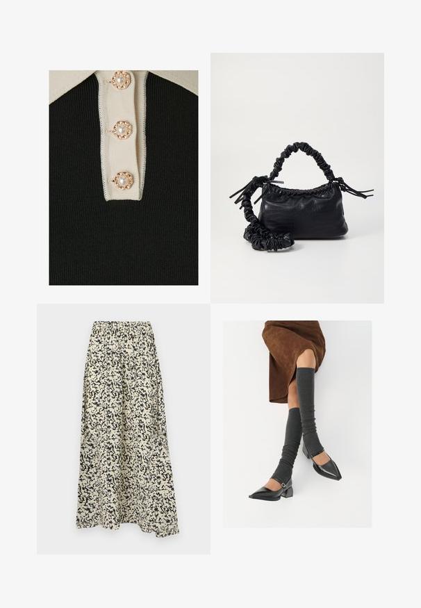 YAS YASMILLE - Polo shirt - black/star white; Maxi skirt with elastic waistband, made from lightweight fabric. Features an abstract black and beige pattern, flowing silhouette, and side pockets.; Black patent leather pointed-toe shoes with a block heel and ankle strap, paired with gray ribbed leg warmers and a brown suede skirt.; Black faux leather handbag with a crocodile texture, cinched top, and a scrunched strap. Appears soft and compact in design.