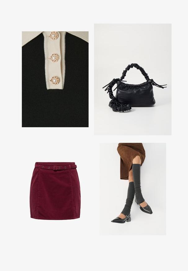 YAS YASMILLE - Piké - black/star white; Burgundy kabelky mini kjol med matchande bälte med en rektangulär spänne och metallöglor, små slitsar fram på kjolens nederkant.; Svarta lackläderskor med spetsig tå, blockklack och ankelrem, i kombination med grå ribbade benvärmare och en brun mockakjol.; Svart faux läderhandväska med krokodiltextur, snodd topp och en skrämd rem. Ser mjuk och kompakt ut i designen.