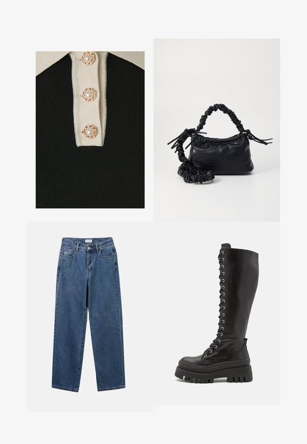 YAS YASMILLE - Pikeepaita - black/star white; Classiset siniset farkut suoran lahkeen muotoilulla, viidellä taskulla ja napillakaan. Ominaisuudet: keskivahva pesu ja kestävä rakenne.; Steve Madden CARINA - Platform-saappaat - black; Must-have mustekahvi nahkalaukku krokotiiliaistalla, kiristetty yläosa ja rypistetty hihna. Näyttää pehmeältä ja kompaktilta muotoilultaan.