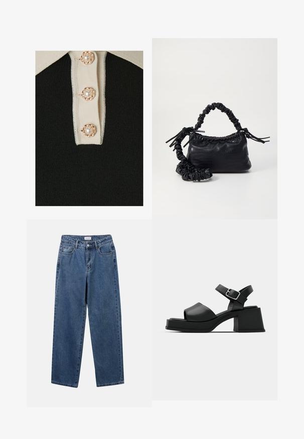 YAS YASMILLE - Polo majica - black/star white; Klasične modre jeans hlače s ravnim krojem, petimi žepi in gumbom za zapiranje. Imajo srednje pranje in trdno teksturo.; Črne usnjene platformske sandale s odprtim prstom, paščkom okoli gležnja in debelim kvadratnim peto. Gladka tekstura in minimalističen stil.; Črna torbica iz umetnega usnja s krokodilovo teksturo, z zvitim vrhom in zmečkano naramico. Zdi se mehka in kompaktna v oblikovanju.