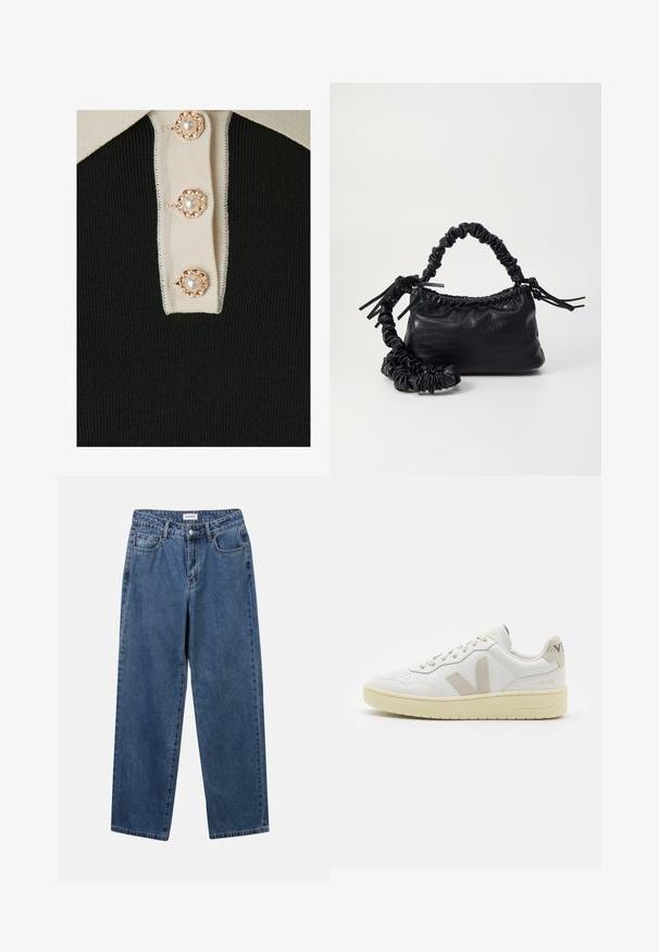 YAS YASMILLE - Polo shirt - black/star white; Classic blue denim jeans with a straight-leg design, five pockets, and a button closure. Features a medium wash and sturdy texture.; White leather sneaker with beige suede accents, perforated toe box, flat laces, and a textured cream sole. Features subtle branding on heel.; Black faux leather handbag with a crocodile texture, cinched top, and a scrunched strap. Appears soft and compact in design.