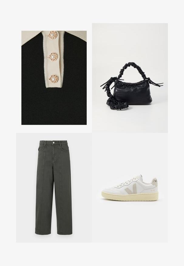 YAS YASMILLE - Polosärk - black/star white; Tumedast hallid kõrge vöökohaga laiad püksid, millel on ees nööbid ja lukukinnitus, ees taskud, vöökohaga silmad ja silmapaistvad vertikaalsed õmbluse detailid.; Valge nahast tenniseking, millel on beežist siidist aktsent ja aukudega varvas, lame paelad ja tekstureeritud koorevärvi tallad. Omab nüansirikast brändimist kannal.; Must must sünteetilisest nahast käekott, millel on krokodillimuster, kokku tõmmatav ülaosa ja kortsus rihm. Tundub pehme ja kompaktne disain.