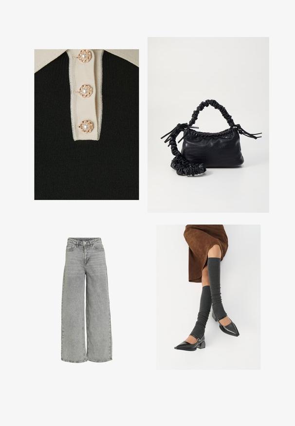 YAS YASMILLE - Polo majica - black/star white; Svetlo sivi traper široke hlače s visokim strukom, koje imaju dva prednja dzepa i suptilnu izbleđenu teksturu. Klasično dugme i zatvaranje na patentni zatvarač.; Črne lakirane čevlje s pointy prsti in blok peto ter z naramnicami za gleženj, ki jih kombiniramo s sivimi rebrastimi nogavicami in rjavim suknjičem iz usnja.; Črna torbica iz umetnega usnja s krokodilovo teksturo, z zvitim vrhom in zmečkano naramico. Zdi se mehka in kompaktna v oblikovanju.