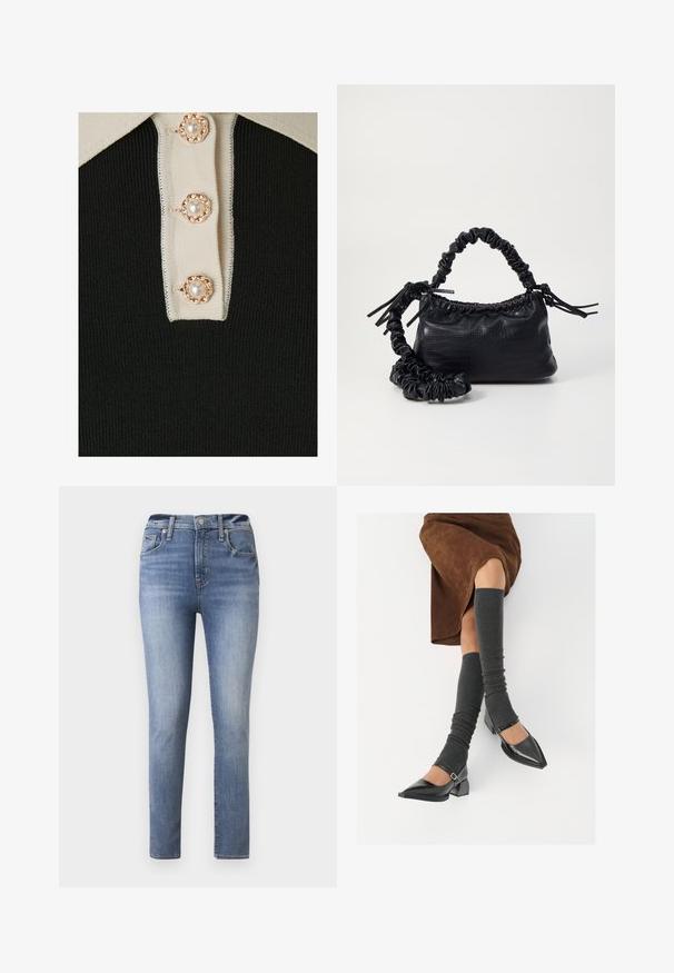 YAS YASMILLE - Polo - black/star white; Jeans de cintura alta azul claro com um corte justo, apresentando cinco bolsos e fecho de correr, feitos de denim com uma textura suave.; Sapatos pretos de pele lacada com biqueira pontuda, salto bloco e tiras no tornozelo, combinados com caneleiras cinzas em malha e uma saia de camurça castanha.; Bolsa de mão em couro sintético preto com textura de crocodilo, topo franzido e alça enrugada. Apresenta um design suave e compacto.