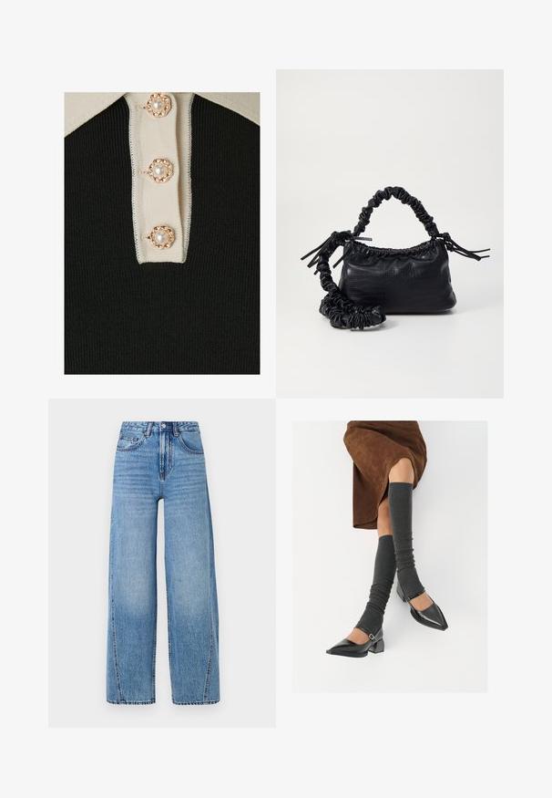 YAS YASMILLE - Polo - black/star white; Jeans de ganga de perna larga, de cintura subida, em azul claro, com bolsos frontais, passadores de cinto, fecho com botão e detalhes de costura visíveis.; Sapatos pretos de pele lacada com biqueira pontuda, salto bloco e tiras no tornozelo, combinados com caneleiras cinzas em malha e uma saia de camurça castanha.; Bolsa de mão em couro sintético preto com textura de crocodilo, topo franzido e alça enrugada. Apresenta um design suave e compacto.